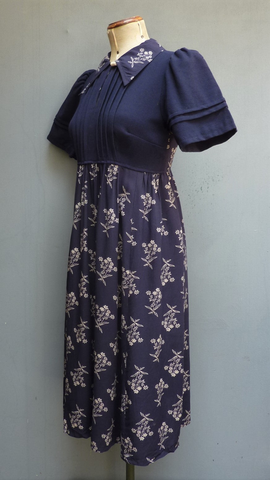 Vintage 1970s Dress Dark Blue & Floral Two Tone Handmade  UK XS