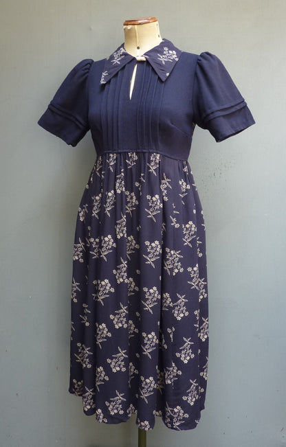 Vintage 1970s Dress Dark Blue & Floral Two Tone Handmade  UK XS