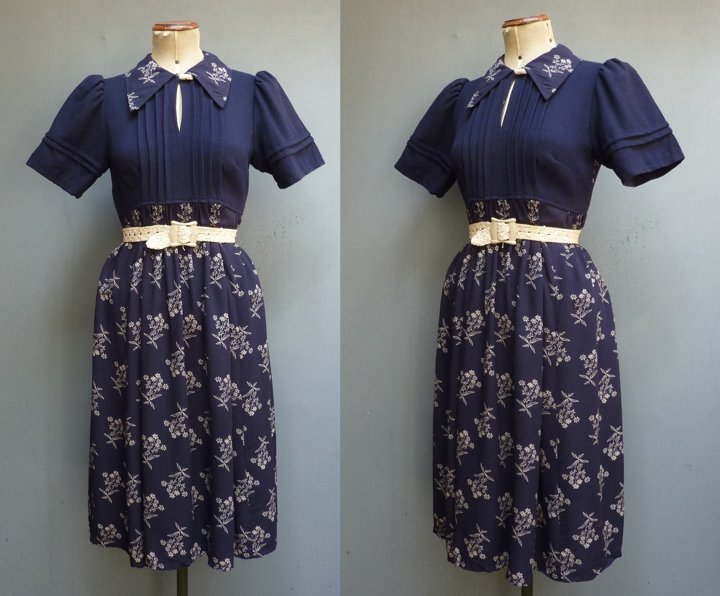 Vintage 1970s Dress Dark Blue & Floral Two Tone Handmade  UK XS