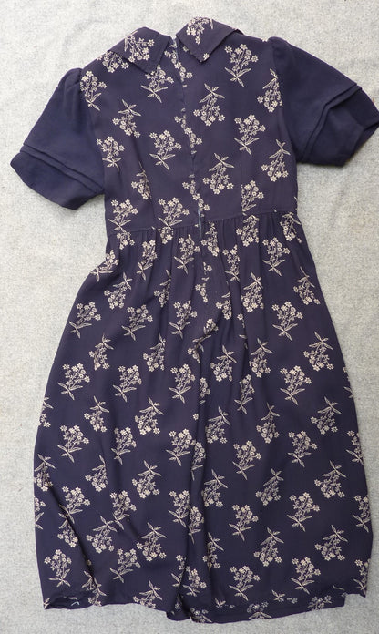 Vintage 1970s Dress Dark Blue & Floral Two Tone Handmade  UK XS