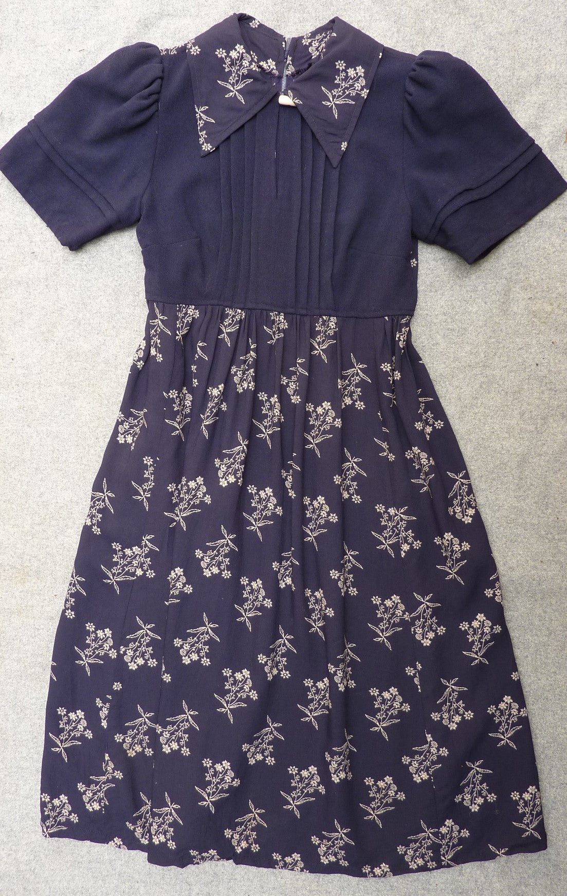 Vintage 1970s Dress Dark Blue & Floral Two Tone Handmade  UK XS