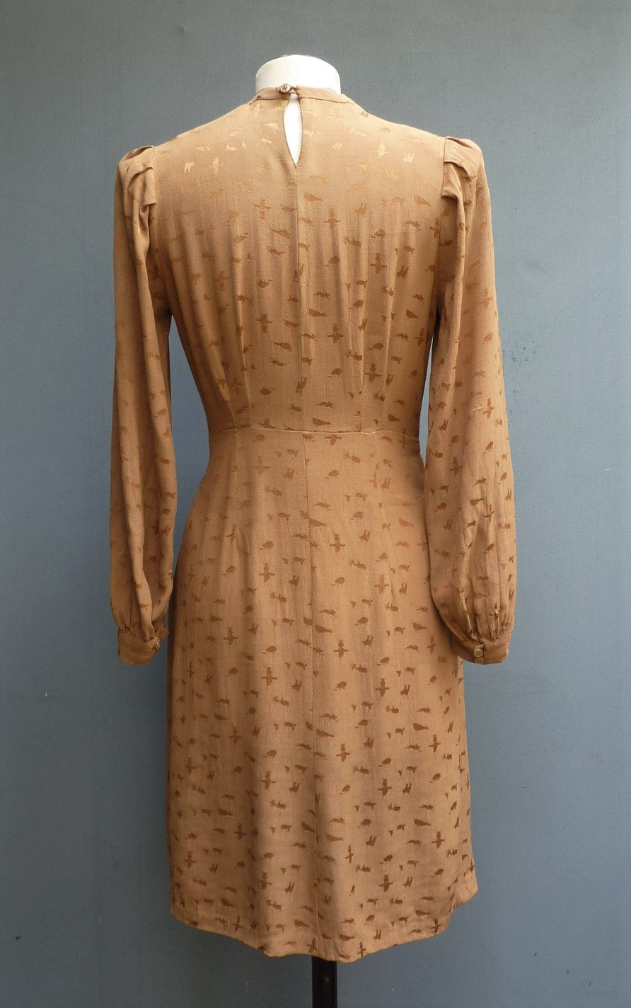 Original Vintage 1940s Dress Bronze Brown Rayon Animal Jacquard Textured Print UK S