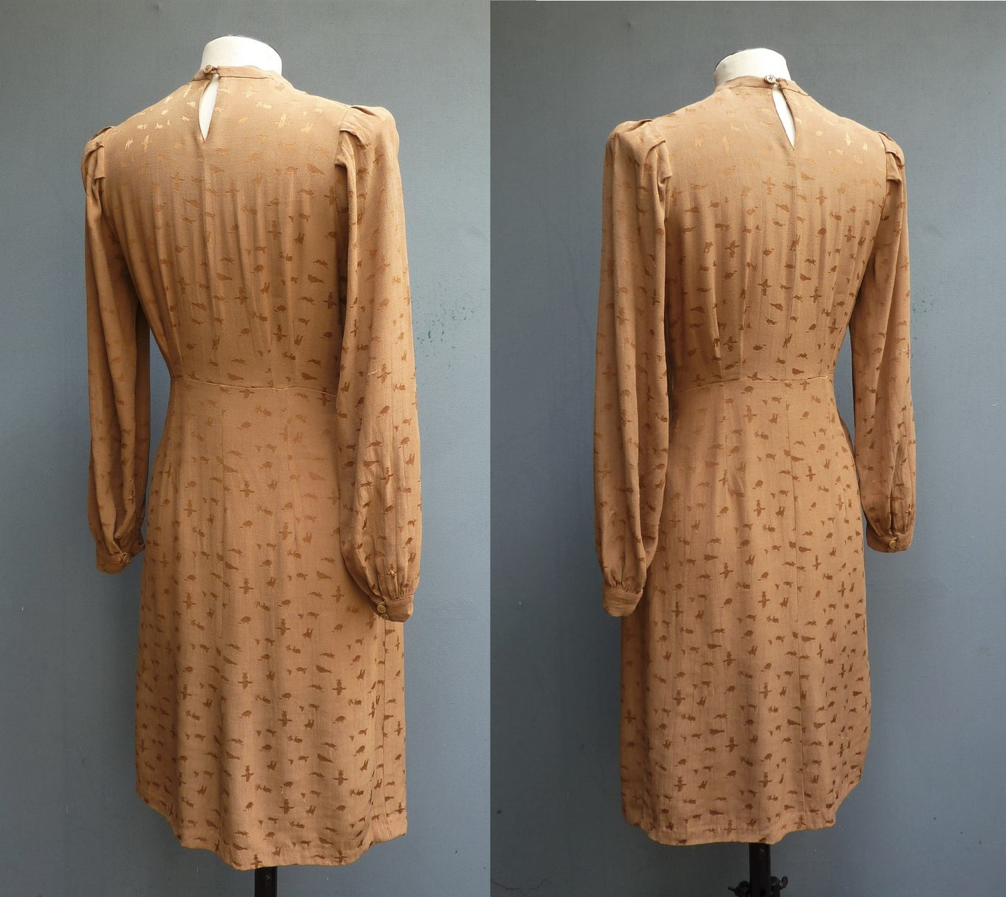 Original Vintage 1940s Dress Bronze Brown Rayon Animal Jacquard Textured Print UK S