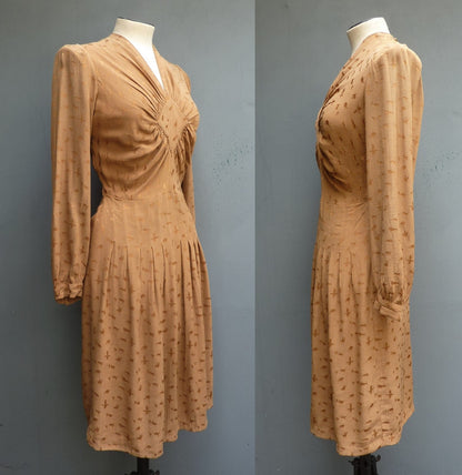 Original Vintage 1940s Dress Bronze Brown Rayon Animal Jacquard Textured Print UK S