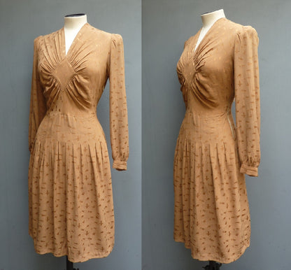 Original Vintage 1940s Dress Bronze Brown Rayon Animal Jacquard Textured Print UK S