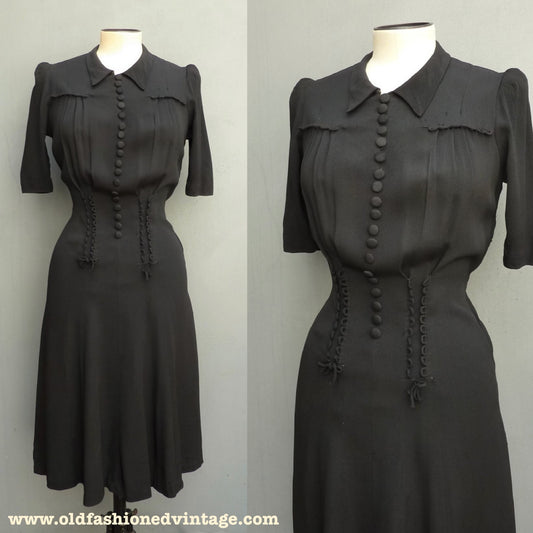 Vintage Original 1940s Dress Black Satin Backed Crepe Rouleau Loops UK XS