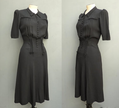 Vintage Original 1940s Dress Black Satin Backed Crepe Rouleau Loops UK XS