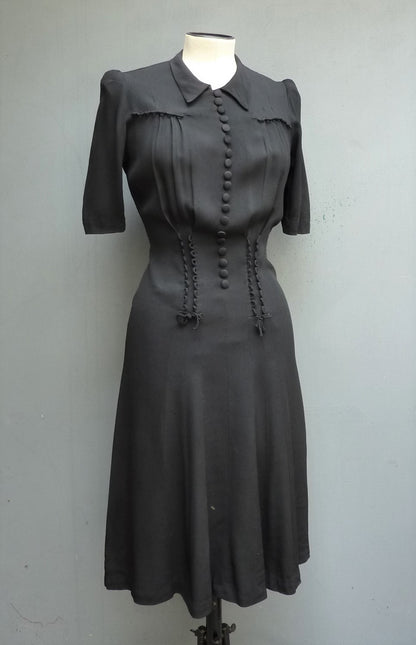 Vintage Original 1940s Dress Black Satin Backed Crepe Rouleau Loops UK XS