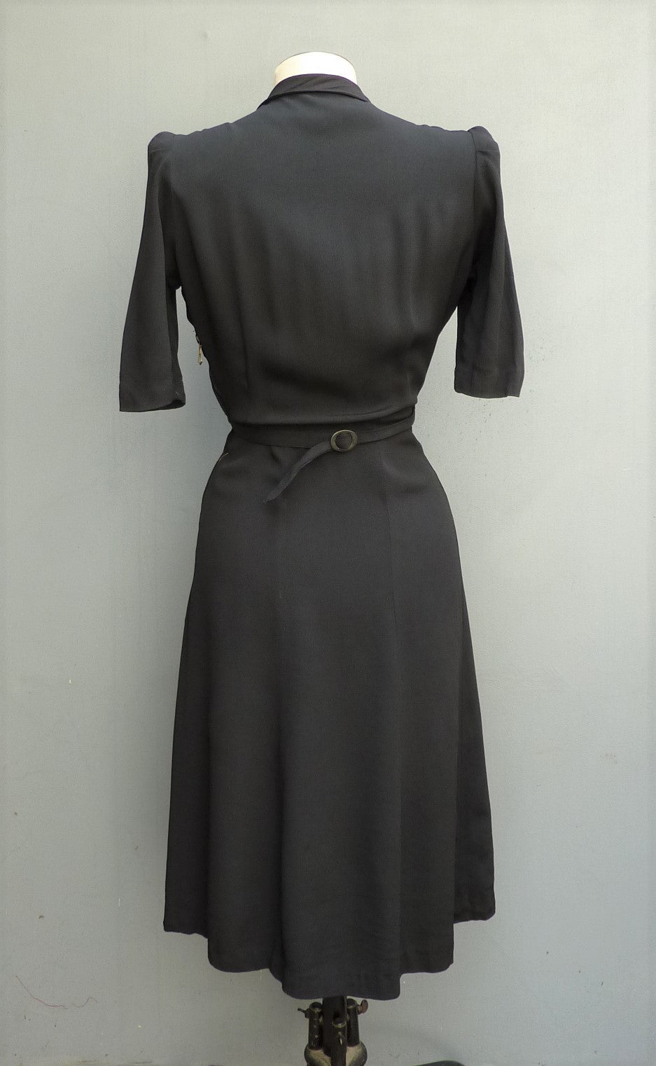 Vintage Original 1940s Dress Black Satin Backed Crepe Rouleau Loops UK XS