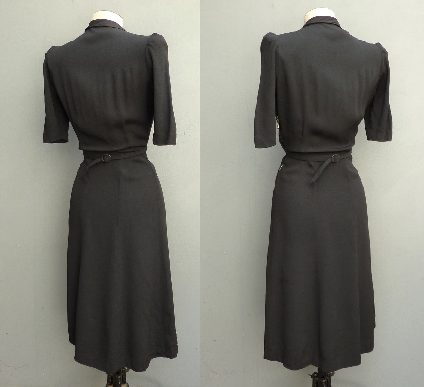 Vintage Original 1940s Dress Black Satin Backed Crepe Rouleau Loops UK XS