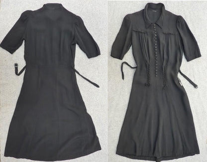 Vintage Original 1940s Dress Black Satin Backed Crepe Rouleau Loops UK XS