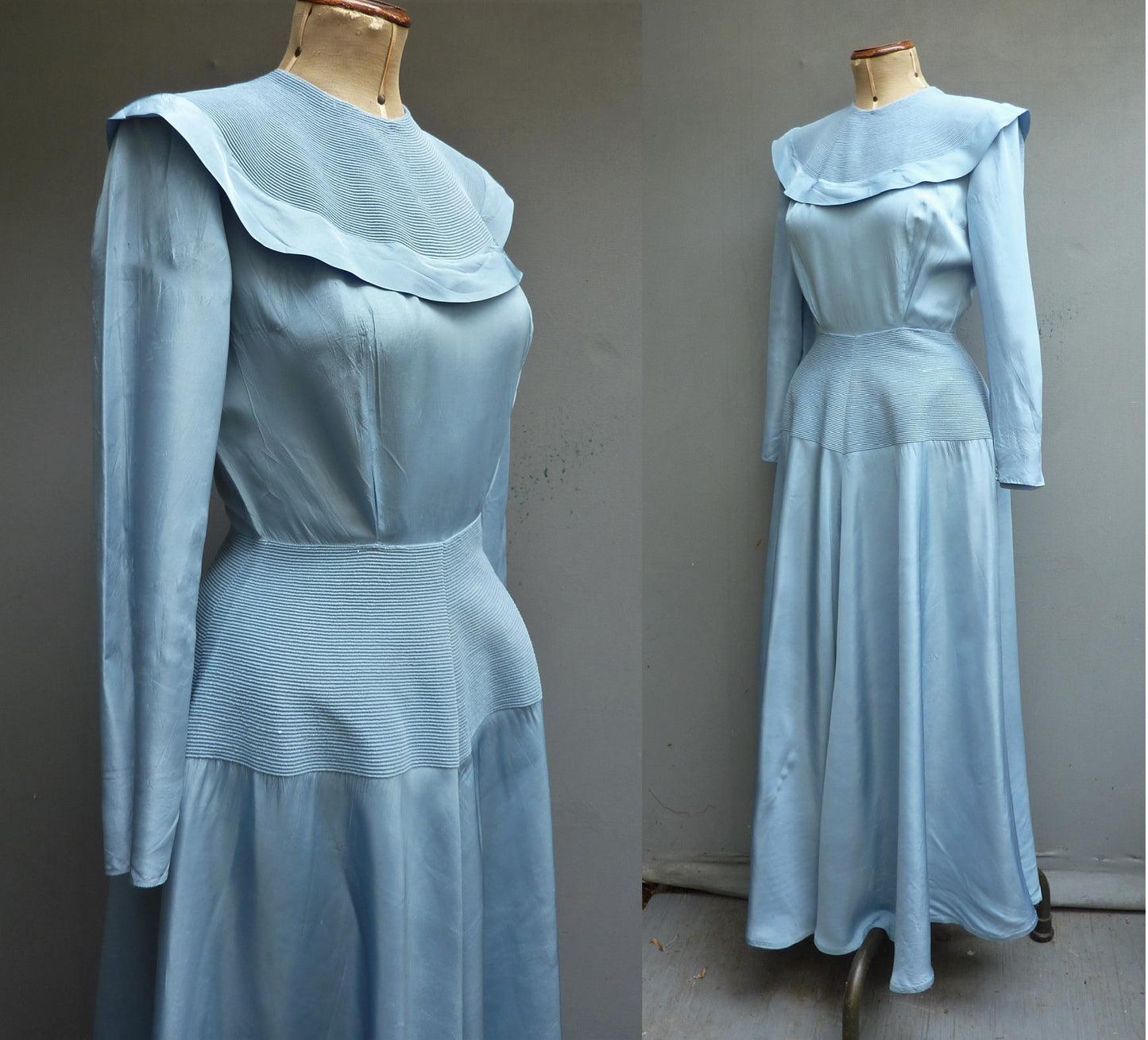 Vintage 1940s Sky Blue Evening Dress Long Blue Taffeta Dance Gown UK S