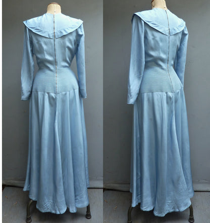 Vintage 1940s Sky Blue Evening Dress Long Blue Taffeta Dance Gown UK S