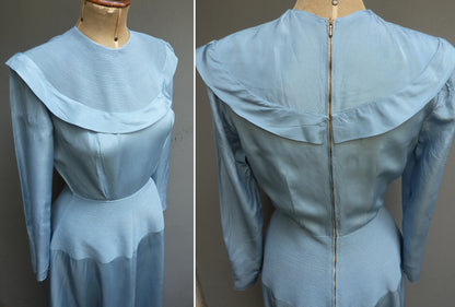 Vintage 1940s Sky Blue Evening Dress Long Blue Taffeta Dance Gown UK S