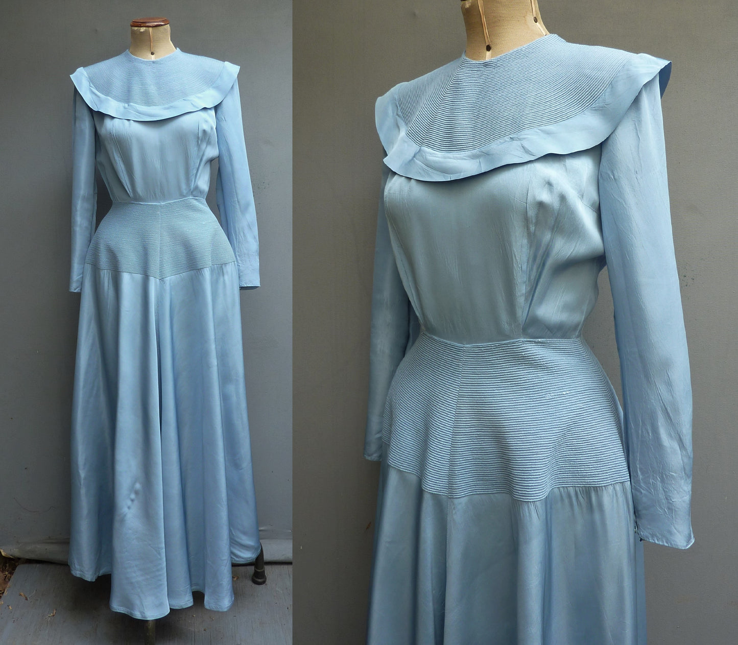 Vintage 1940s Sky Blue Evening Dress Long Blue Taffeta Dance Gown UK S