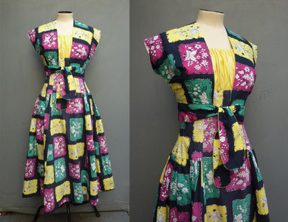 Vintage 1950s Sun Dress & Bolero Jacket Bold Novelty Print UK XS