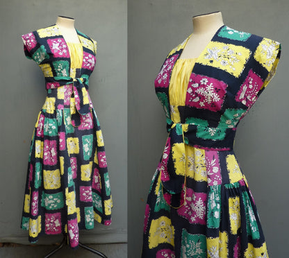 Vintage 1950s Sun Dress & Bolero Jacket Bold Novelty Print UK XS