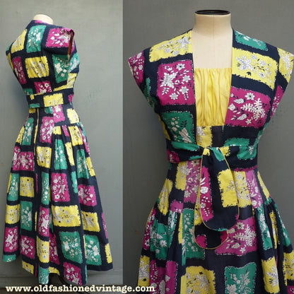 Vintage 1950s Sun Dress & Bolero Jacket Bold Novelty Print UK XS