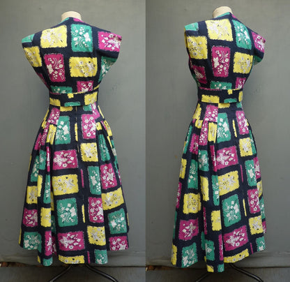 Vintage 1950s Sun Dress & Bolero Jacket Bold Novelty Print UK XS