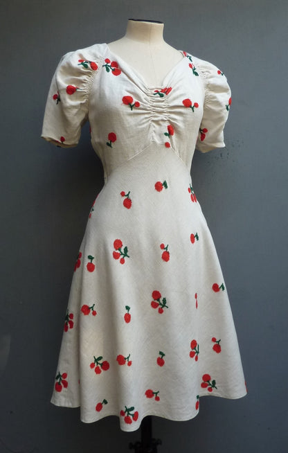 Outstanding Original Vintage 1930s FOGA Sun Dress Floral Cherry Embroidered Rayon UK XS