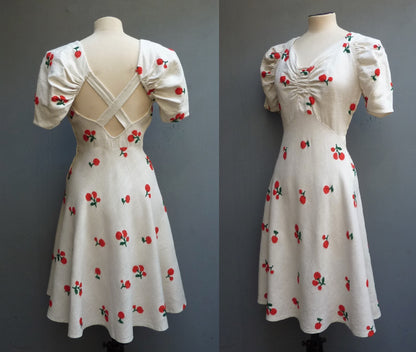 Outstanding Original Vintage 1930s FOGA Sun Dress Floral Cherry Embroidered Rayon UK XS