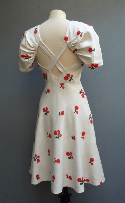 Outstanding Original Vintage 1930s FOGA Sun Dress Floral Cherry Embroidered Rayon UK XS