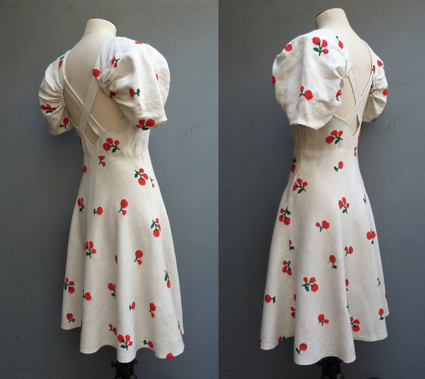 Outstanding Original Vintage 1930s FOGA Sun Dress Floral Cherry Embroidered Rayon UK XS