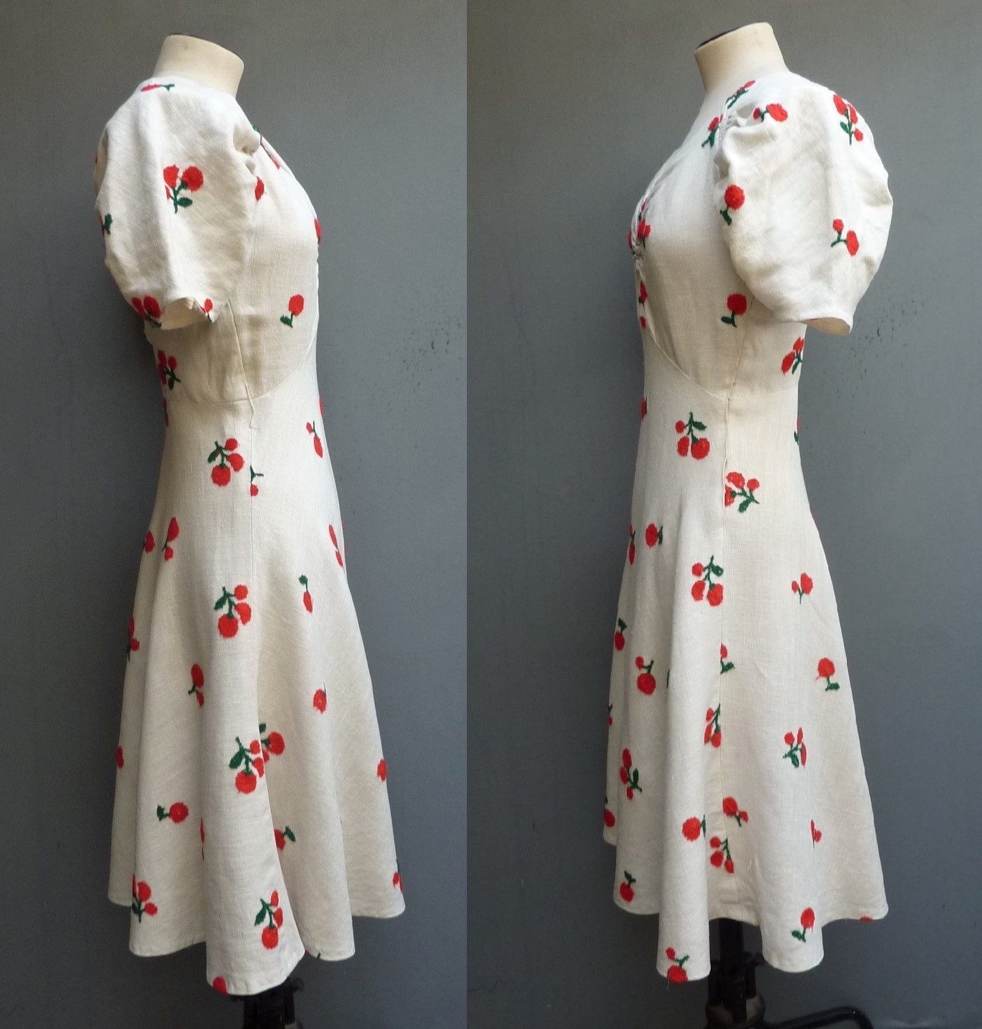 Outstanding Original Vintage 1930s FOGA Sun Dress Floral Cherry Embroidered Rayon UK XS