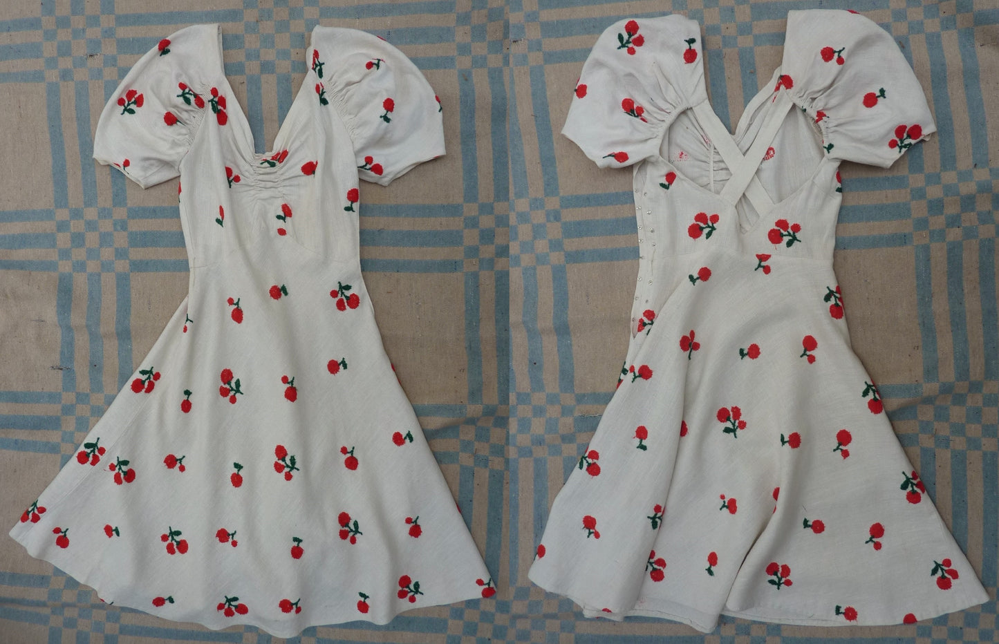 Outstanding Original Vintage 1930s FOGA Sun Dress Floral Cherry Embroidered Rayon UK XS