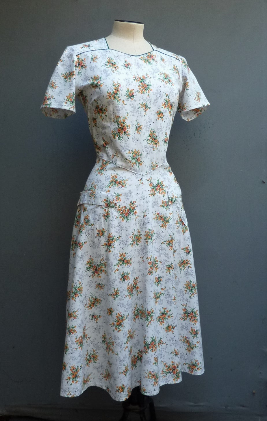 Original 1940s Home Made Cotton Dress Floral Orange White 30s Deco UK S