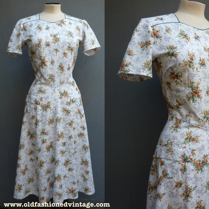 Original 1940s Home Made Cotton Dress Floral Orange White 30s Deco UK S