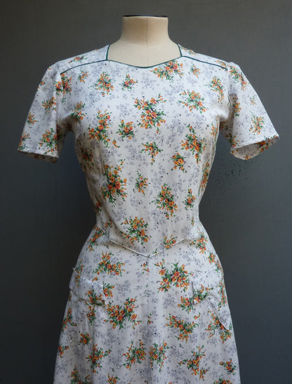 Original 1940s Home Made Cotton Dress Floral Orange White 30s Deco UK S