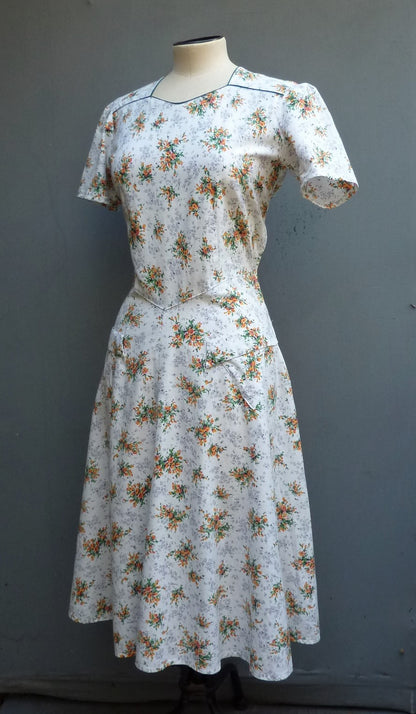 Original 1940s Home Made Cotton Dress Floral Orange White 30s Deco UK S