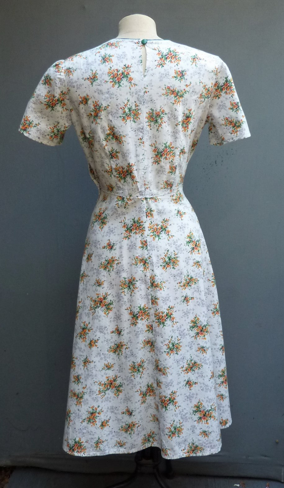 Original 1940s Home Made Cotton Dress Floral Orange White 30s Deco UK S