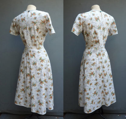 Original 1940s Home Made Cotton Dress Floral Orange White 30s Deco UK S