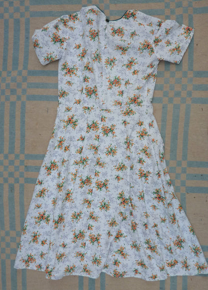 Original 1940s Home Made Cotton Dress Floral Orange White 30s Deco UK S