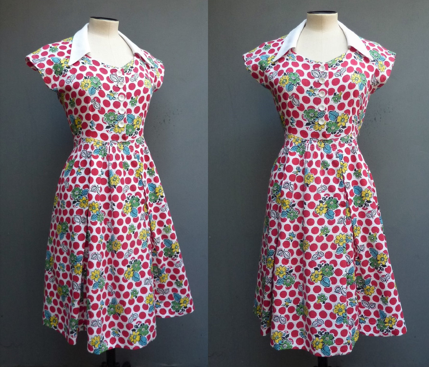 Vintage 1950s Home Made Cotton Dress Red White Bold Novelty Spotty Bust 32" max. WomensUK XS