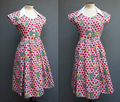 Vintage 1950s Home Made Cotton Dress Red White Bold Novelty Spotty Bust 32" max. WomensUK XS