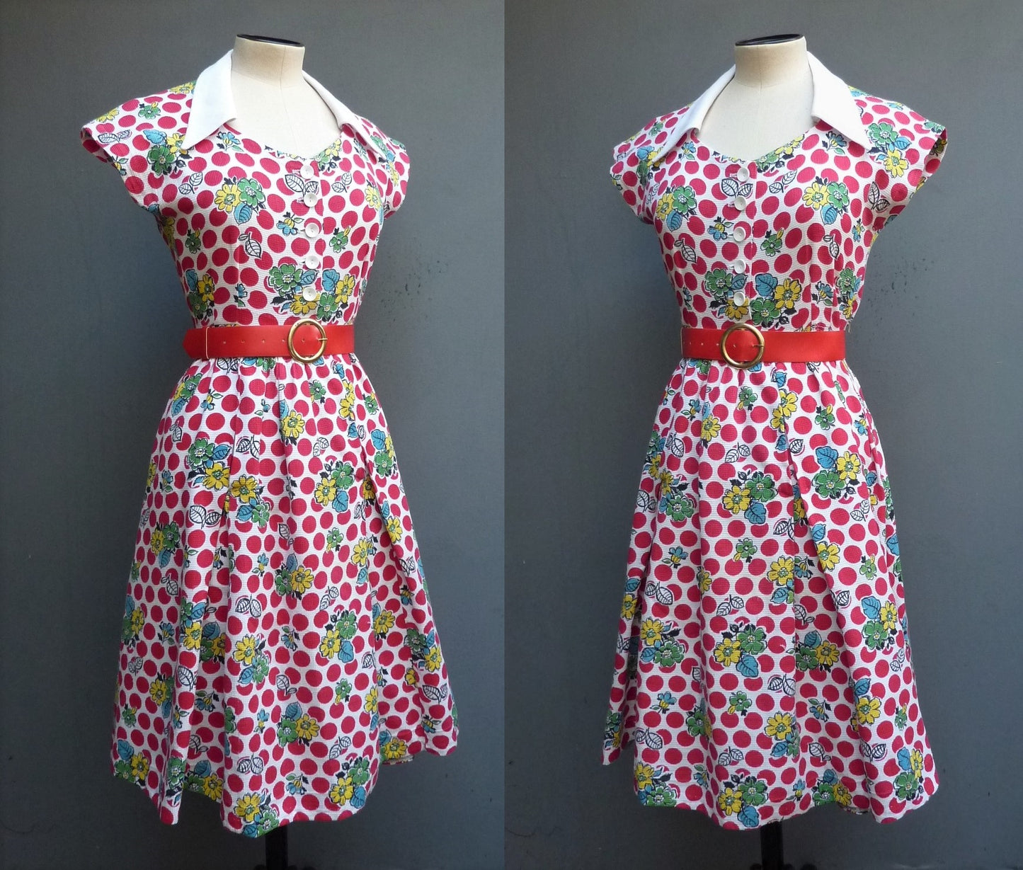 Vintage 1950s Home Made Cotton Dress Red White Bold Novelty Spotty Bust 32" max. WomensUK XS