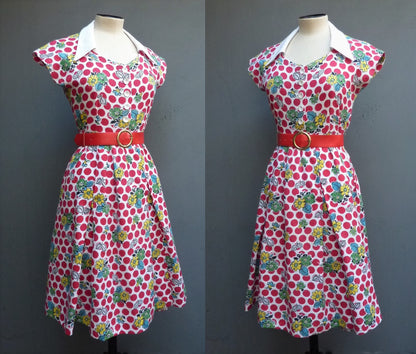 Vintage 1950s Home Made Cotton Dress Red White Bold Novelty Spotty Bust 32" max. WomensUK XS