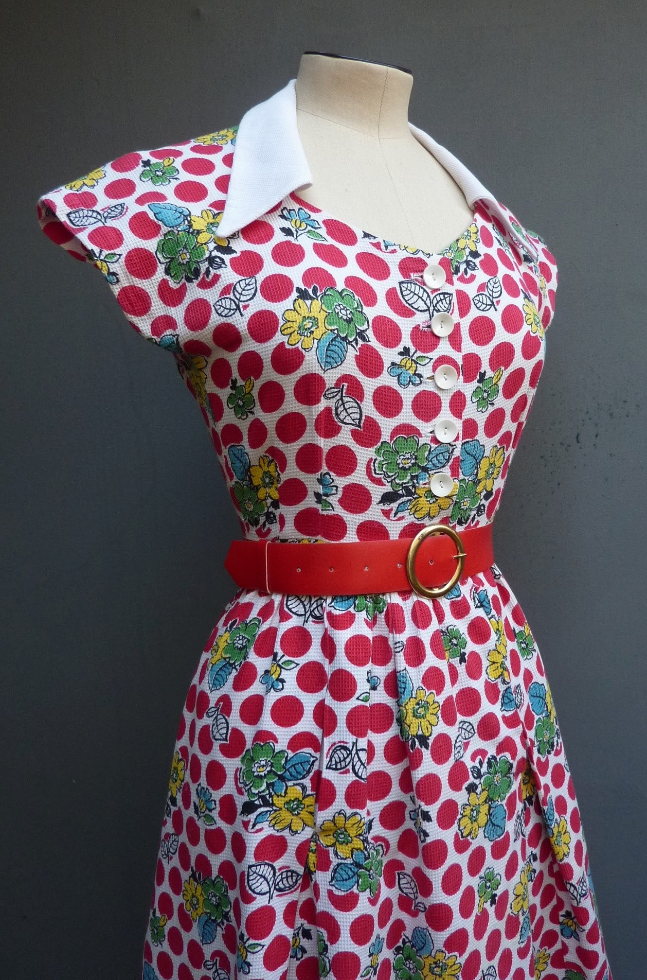 Vintage 1950s Home Made Cotton Dress Red White Bold Novelty Spotty Bust 32" max. WomensUK XS