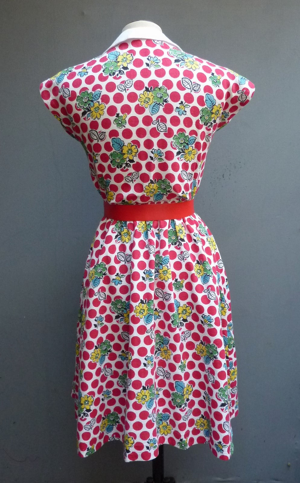 Vintage 1950s Home Made Cotton Dress Red White Bold Novelty Spotty Bust 32" max. WomensUK XS