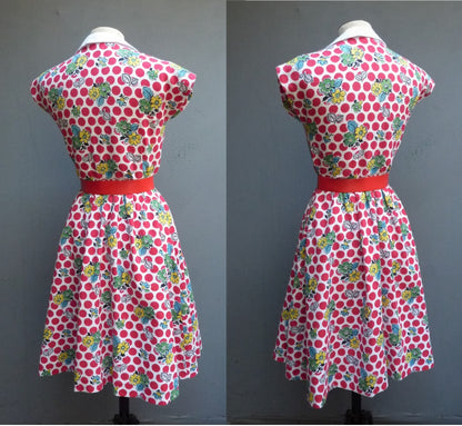 Vintage 1950s Home Made Cotton Dress Red White Bold Novelty Spotty Bust 32" max. WomensUK XS