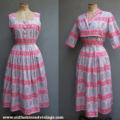 Vintage 1950s Sun Dress & Bolero Jacket Bold Novelty Print Pink Paisley UK S