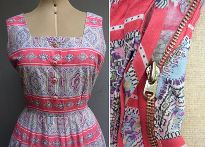 Vintage 1950s Sun Dress & Bolero Jacket Bold Novelty Print Pink Paisley UK S