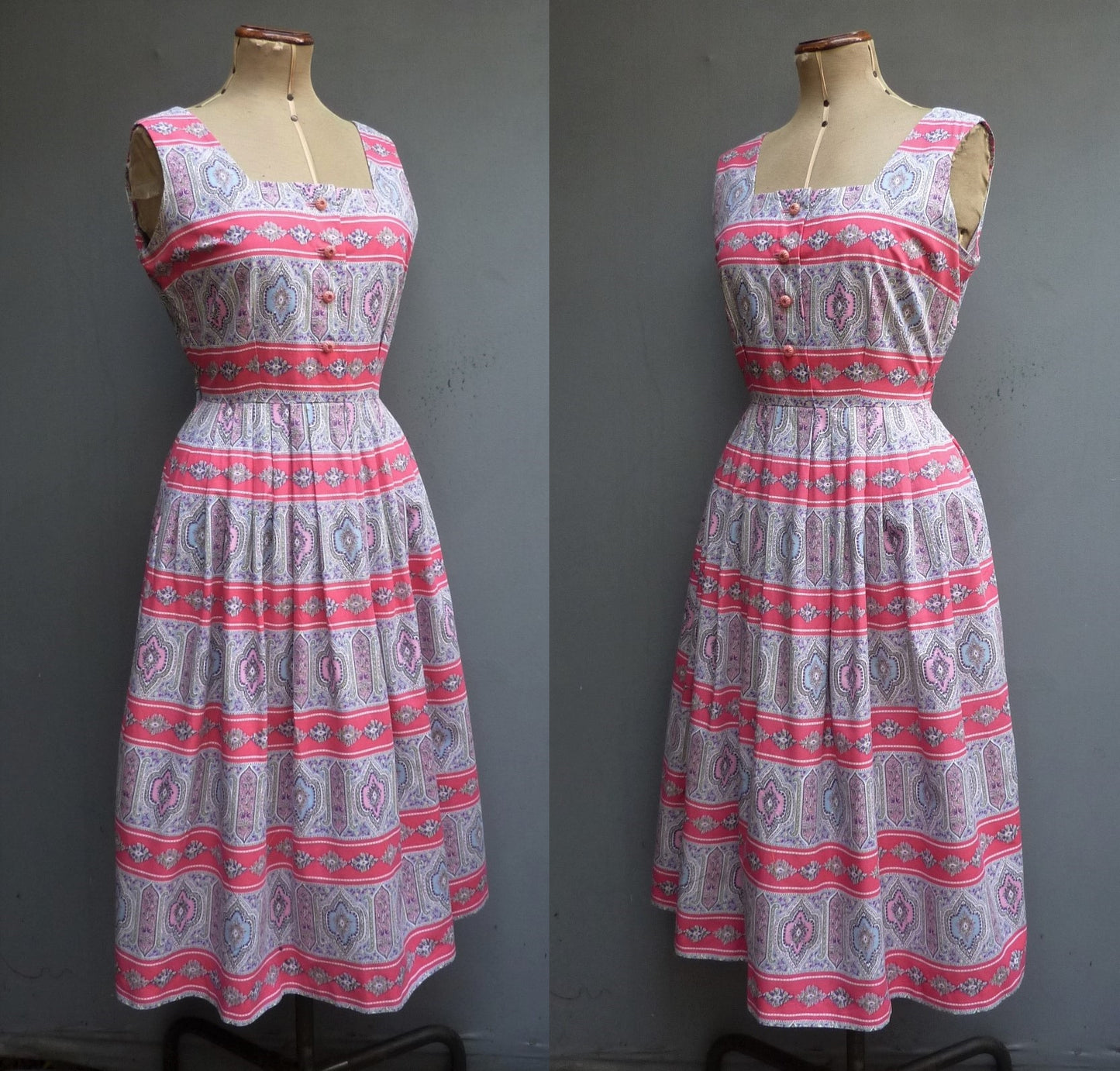 Vintage 1950s Sun Dress & Bolero Jacket Bold Novelty Print Pink Paisley UK S