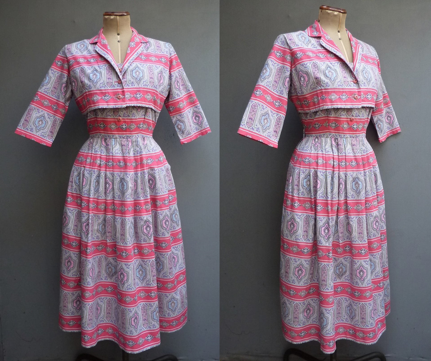 Vintage 1950s Sun Dress & Bolero Jacket Bold Novelty Print Pink Paisley UK S