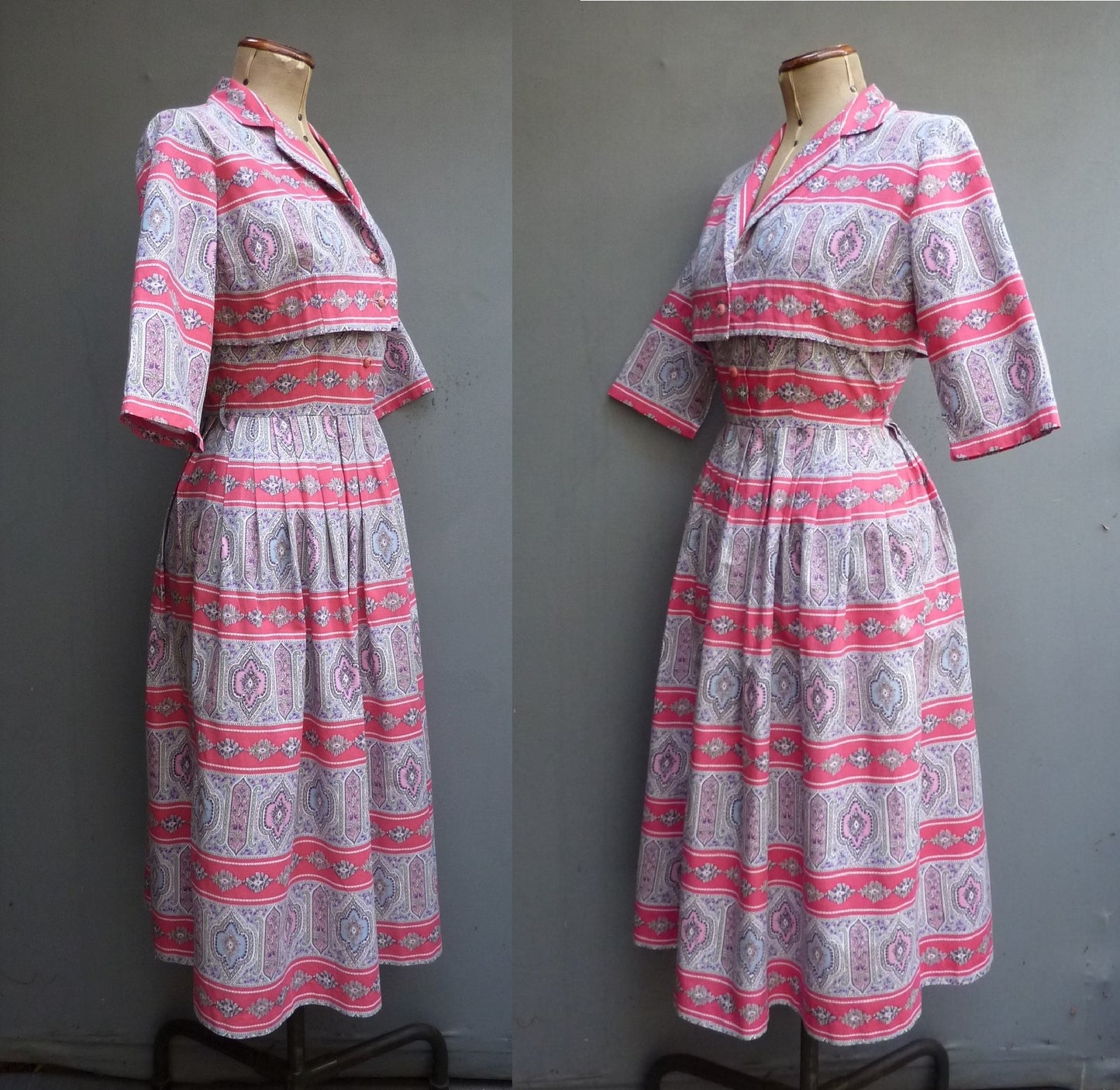 Vintage 1950s Sun Dress & Bolero Jacket Bold Novelty Print Pink Paisley UK S