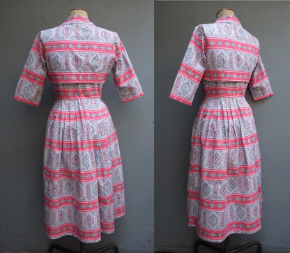 Vintage 1950s Sun Dress & Bolero Jacket Bold Novelty Print Pink Paisley UK S