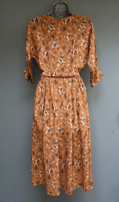 Original 1950s Dress Novelty Boat Print Cinnamon Brown Rayon UK XS